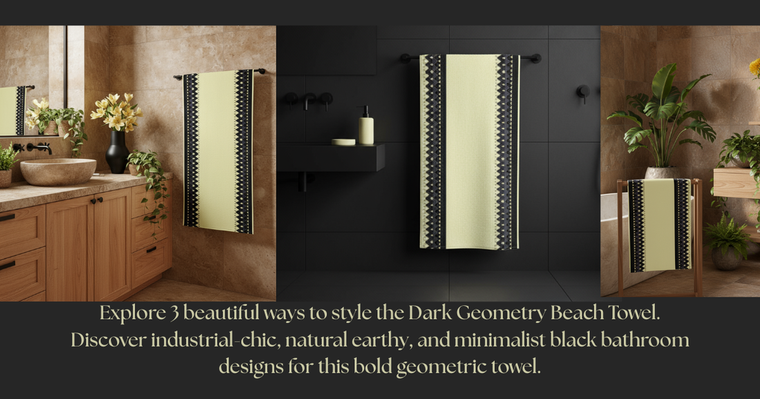 Explore 3 beautiful ways to style the Dark Geometry Beach Towel. Discover industrial-chic, natural earthy, and minimalist black bathroom designs for this bold geometric towel.