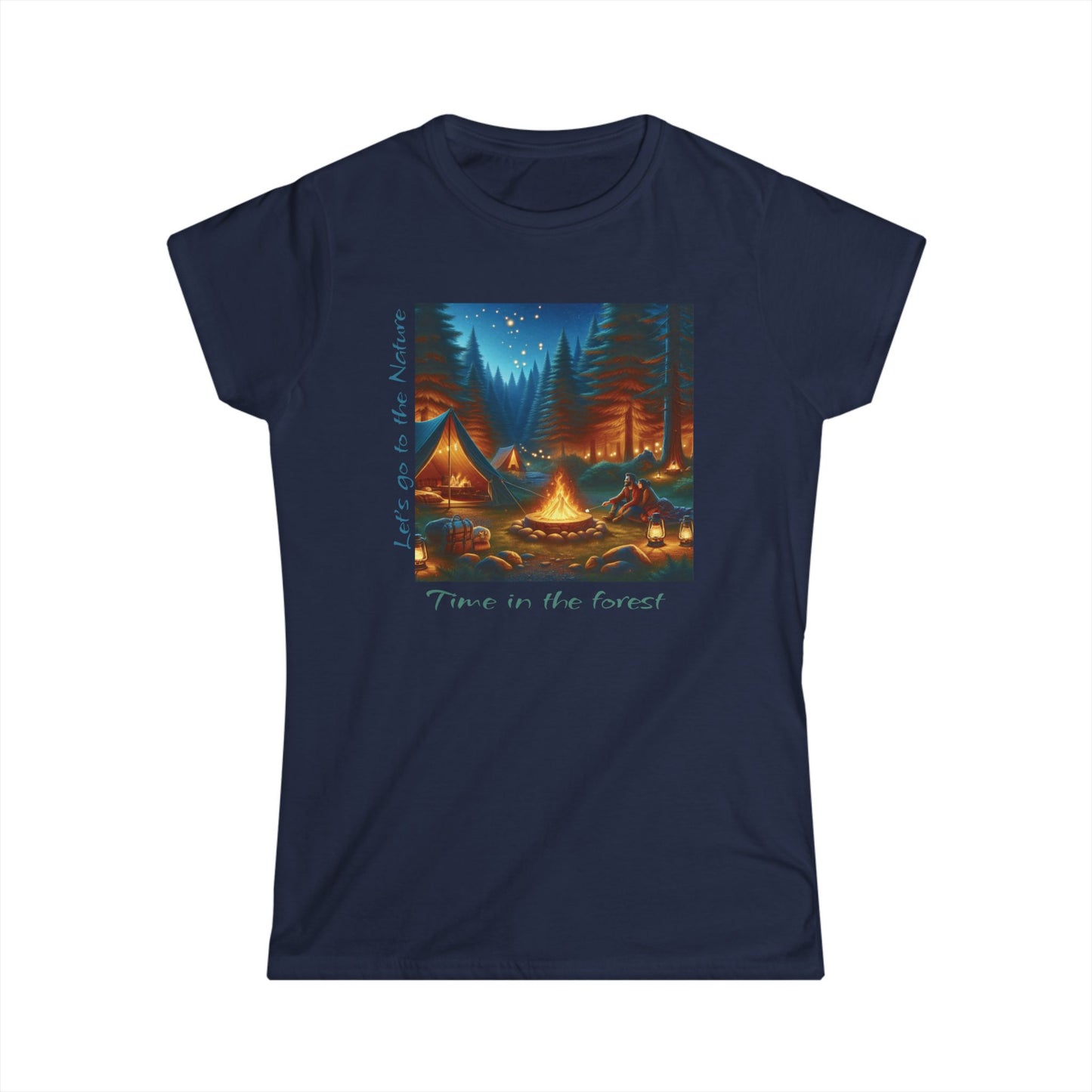 Soft women's camping tee with 'Time in the Forest' design. Perfect for outdoor lovers. Comfortable, stylish, quality fabric. Shop nature-inspired apparel!