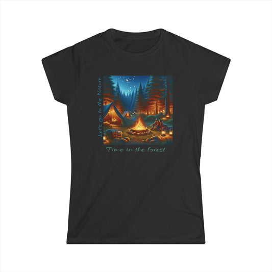 Soft women's camping tee with 'Time in the Forest' design. Perfect for outdoor lovers. Comfortable, stylish, quality fabric. Shop nature-inspired apparel!