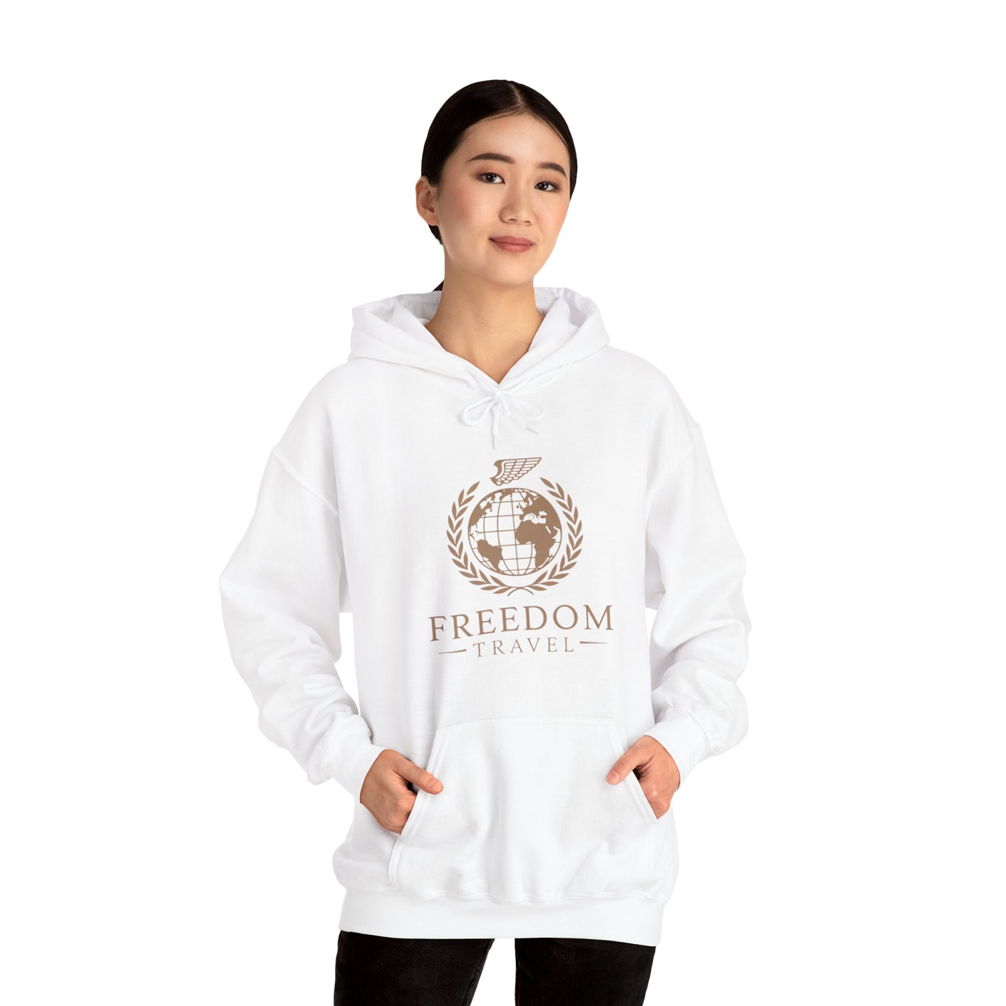 Close-up of Freedom Travel hoodie design
