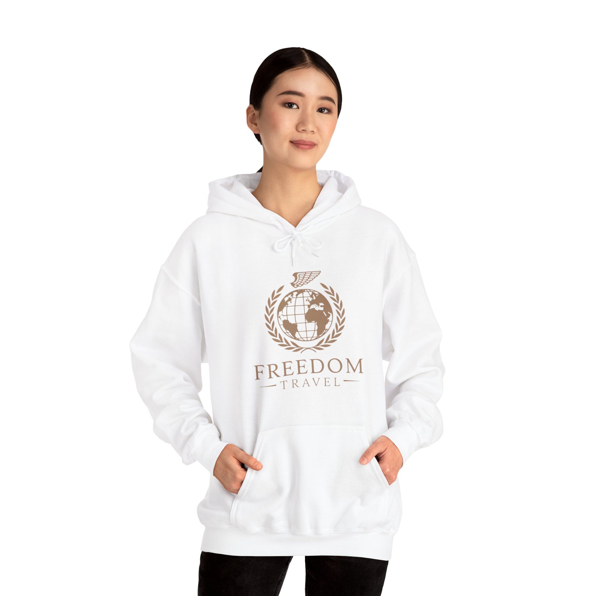 Close-up of Freedom Travel hoodie design