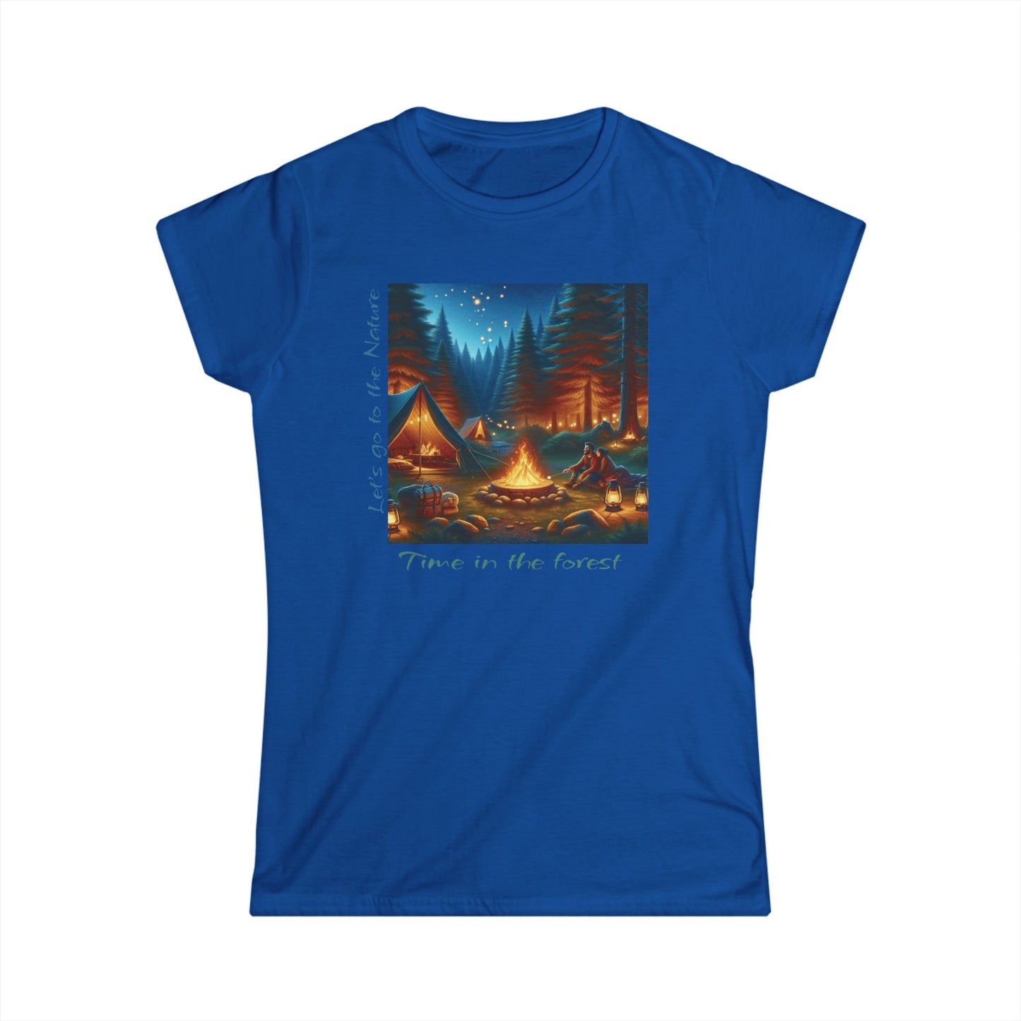 Soft women's camping tee with 'Time in the Forest' design. Perfect for outdoor lovers. Comfortable, stylish, quality fabric. Shop nature-inspired apparel!