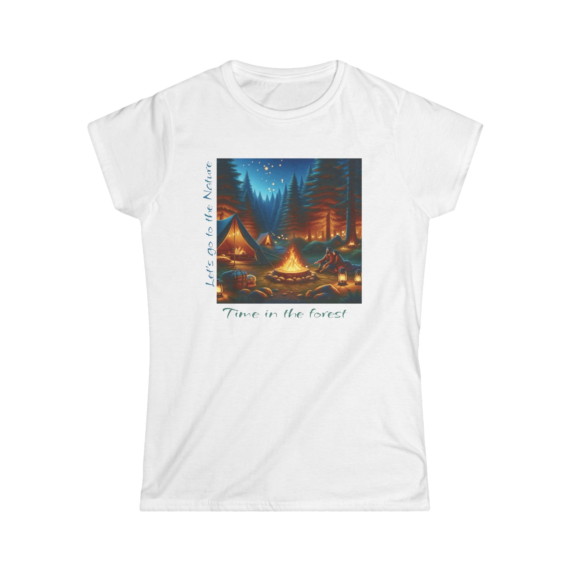 Soft women's camping tee with 'Time in the Forest' design. Perfect for outdoor lovers. Comfortable, stylish, quality fabric. Shop nature-inspired apparel!