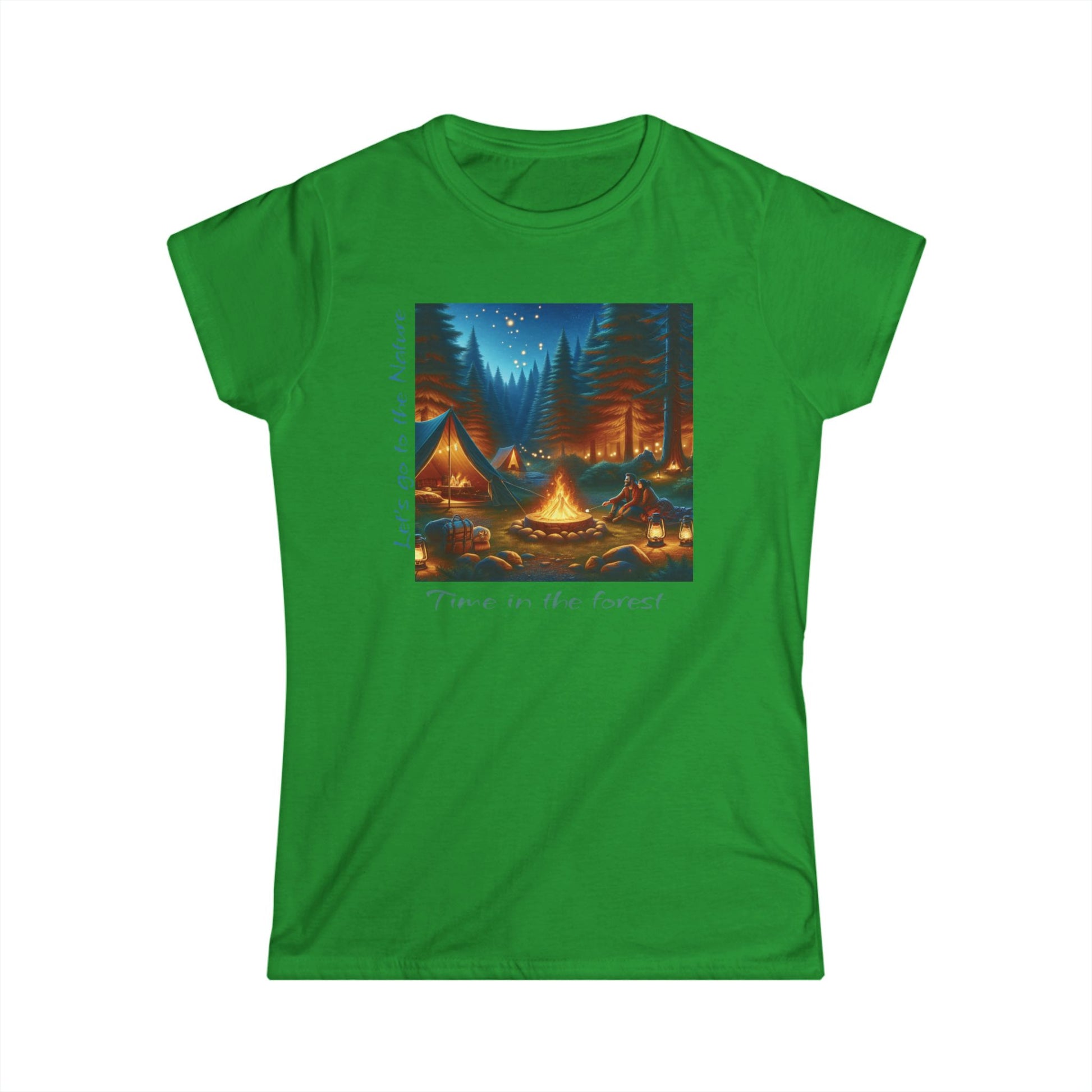 Soft women's camping tee with 'Time in the Forest' design. Perfect for outdoor lovers. Comfortable, stylish, quality fabric. Shop nature-inspired apparel!