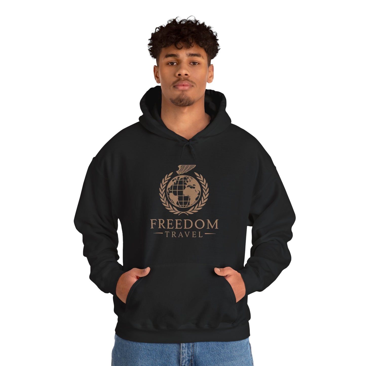 Close-up of Freedom Travel hoodie design