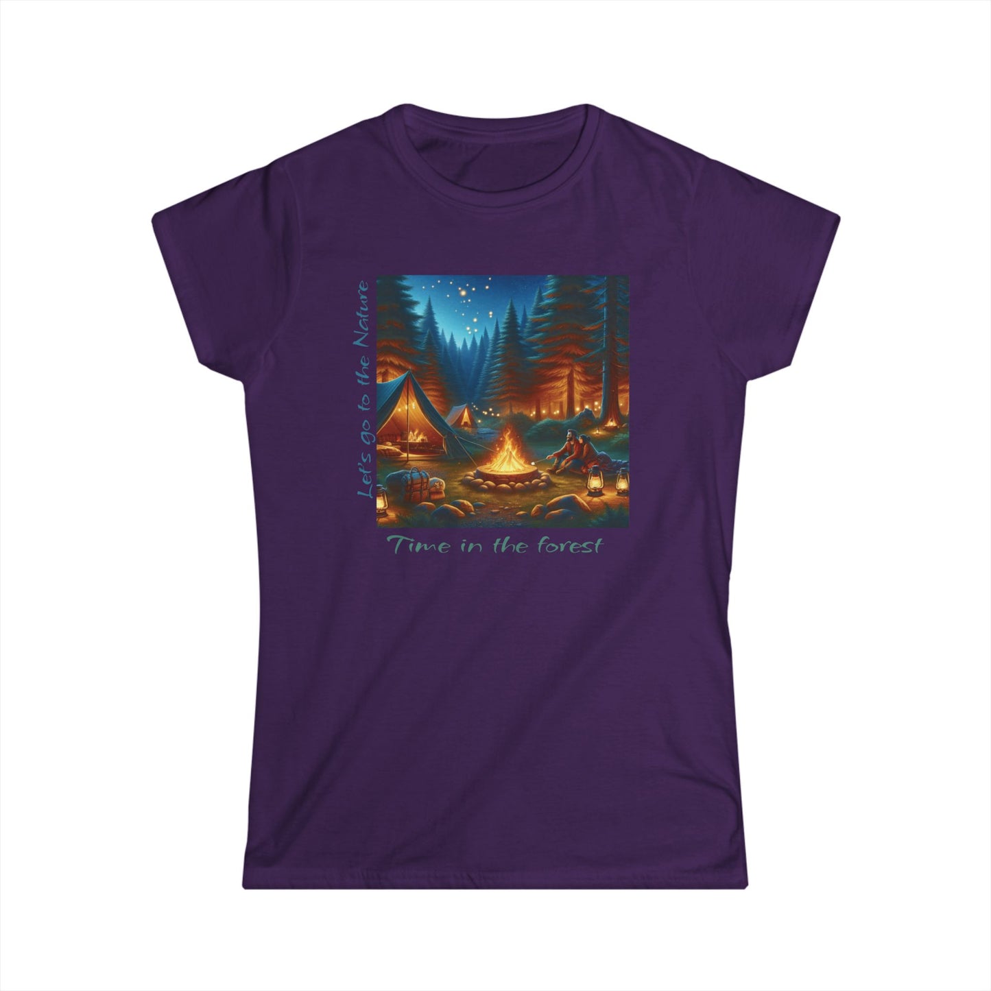 Soft women's camping tee with 'Time in the Forest' design. Perfect for outdoor lovers. Comfortable, stylish, quality fabric. Shop nature-inspired apparel!