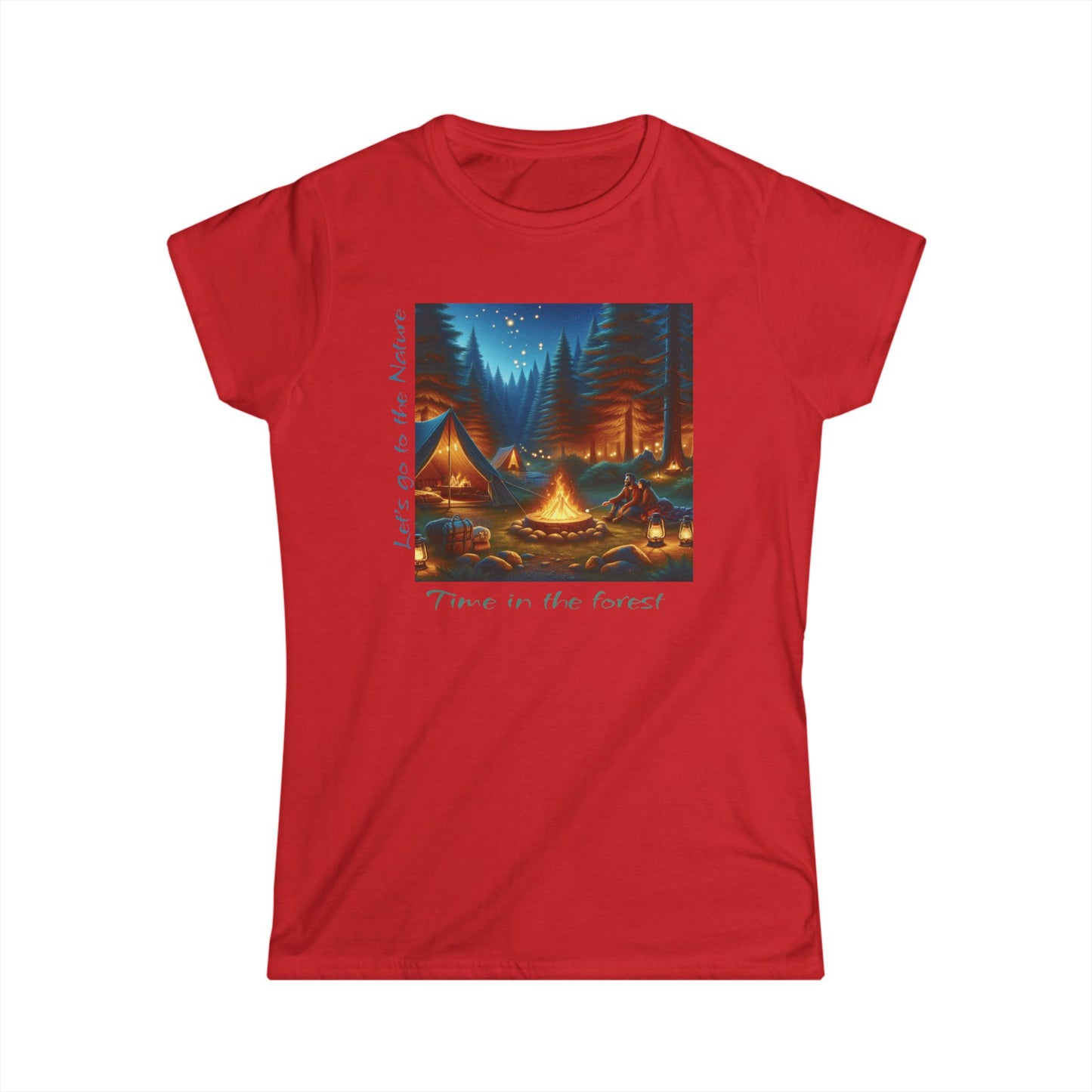 Soft women's camping tee with 'Time in the Forest' design. Perfect for outdoor lovers. Comfortable, stylish, quality fabric. Shop nature-inspired apparel!