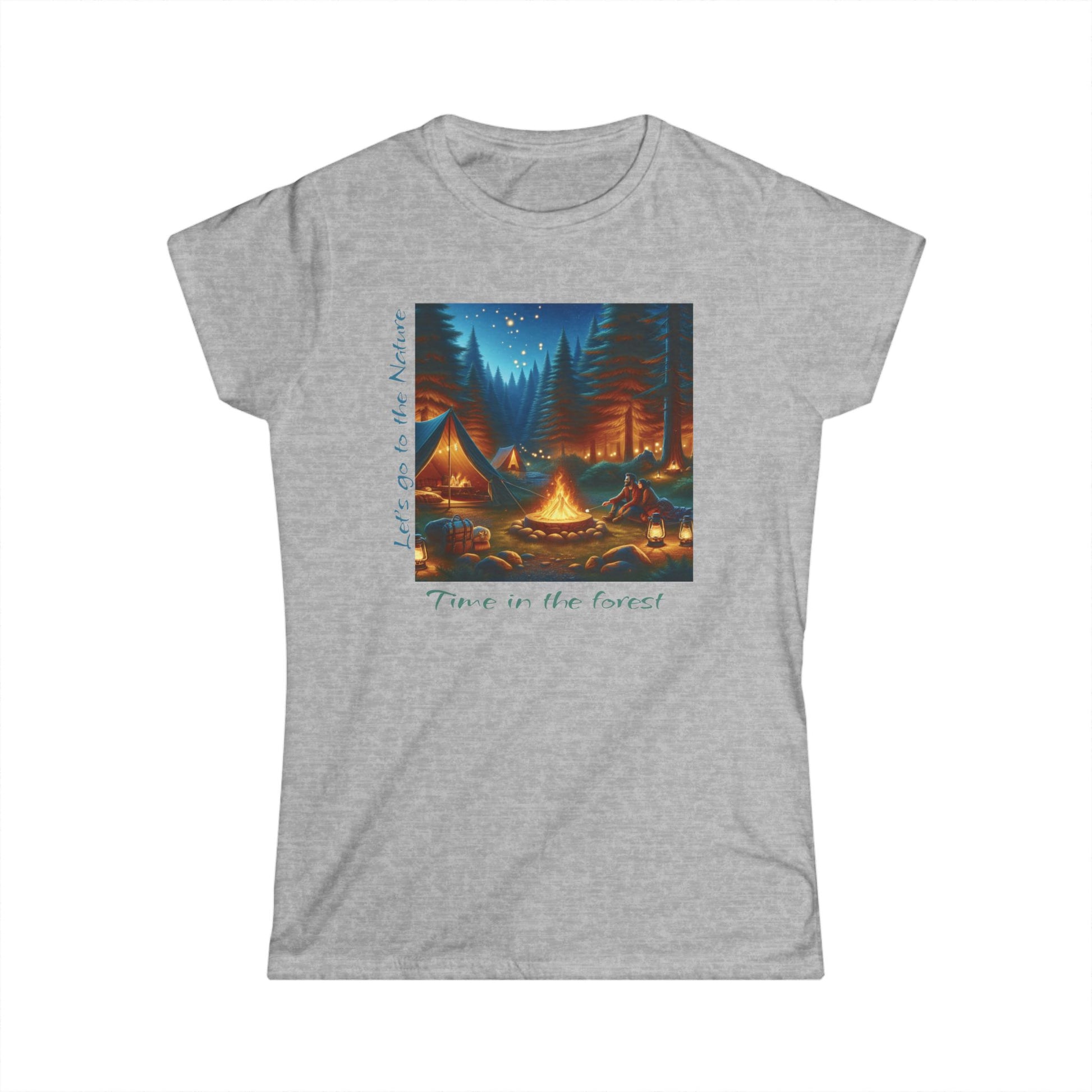 Soft women's camping tee with 'Time in the Forest' design. Perfect for outdoor lovers. Comfortable, stylish, quality fabric. Shop nature-inspired apparel!