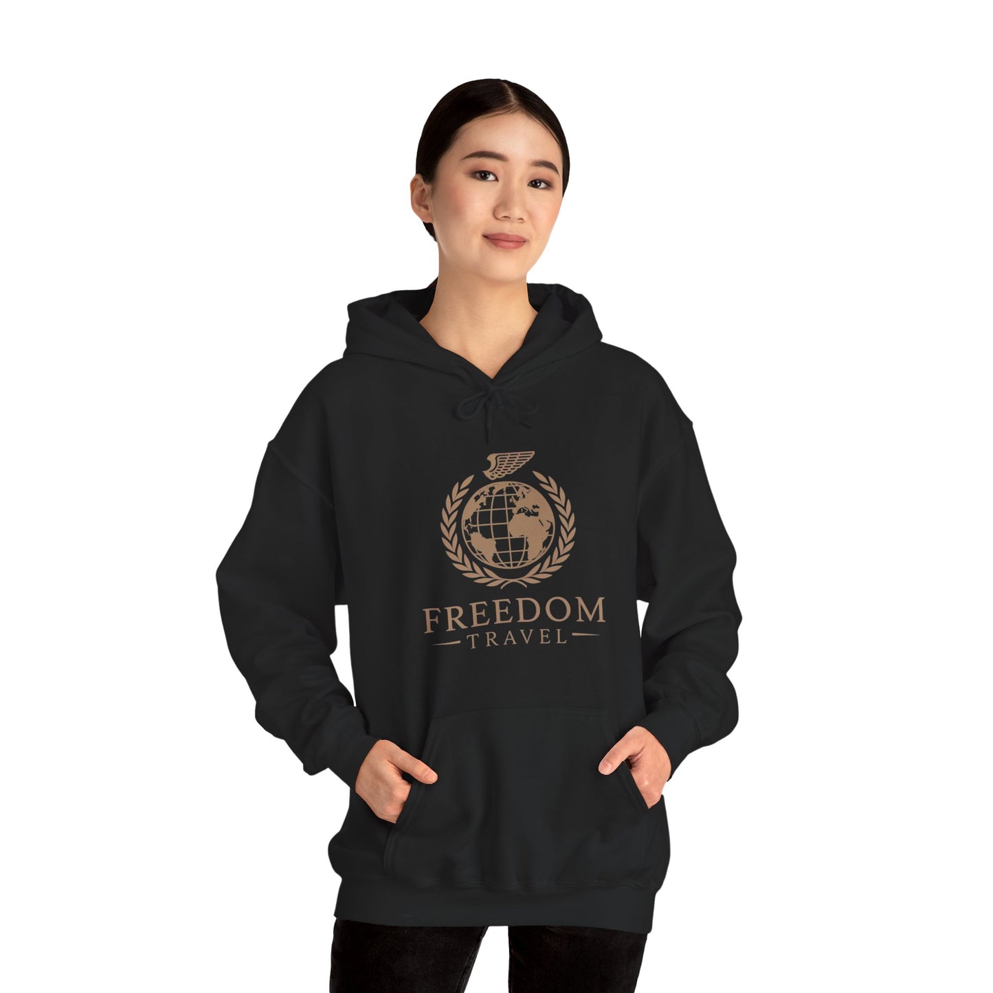 Close-up of Freedom Travel hoodie design