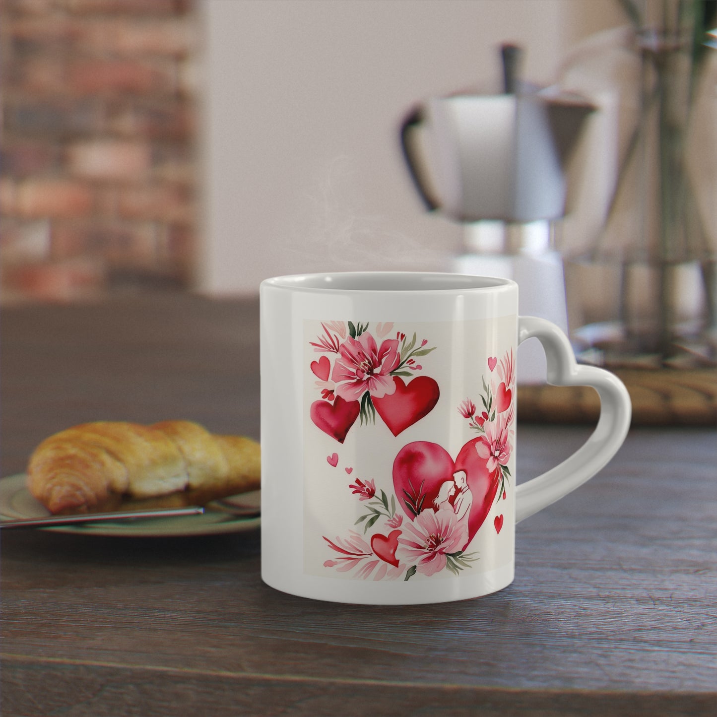 Heart-shaped ceramic mug with elegant floral design