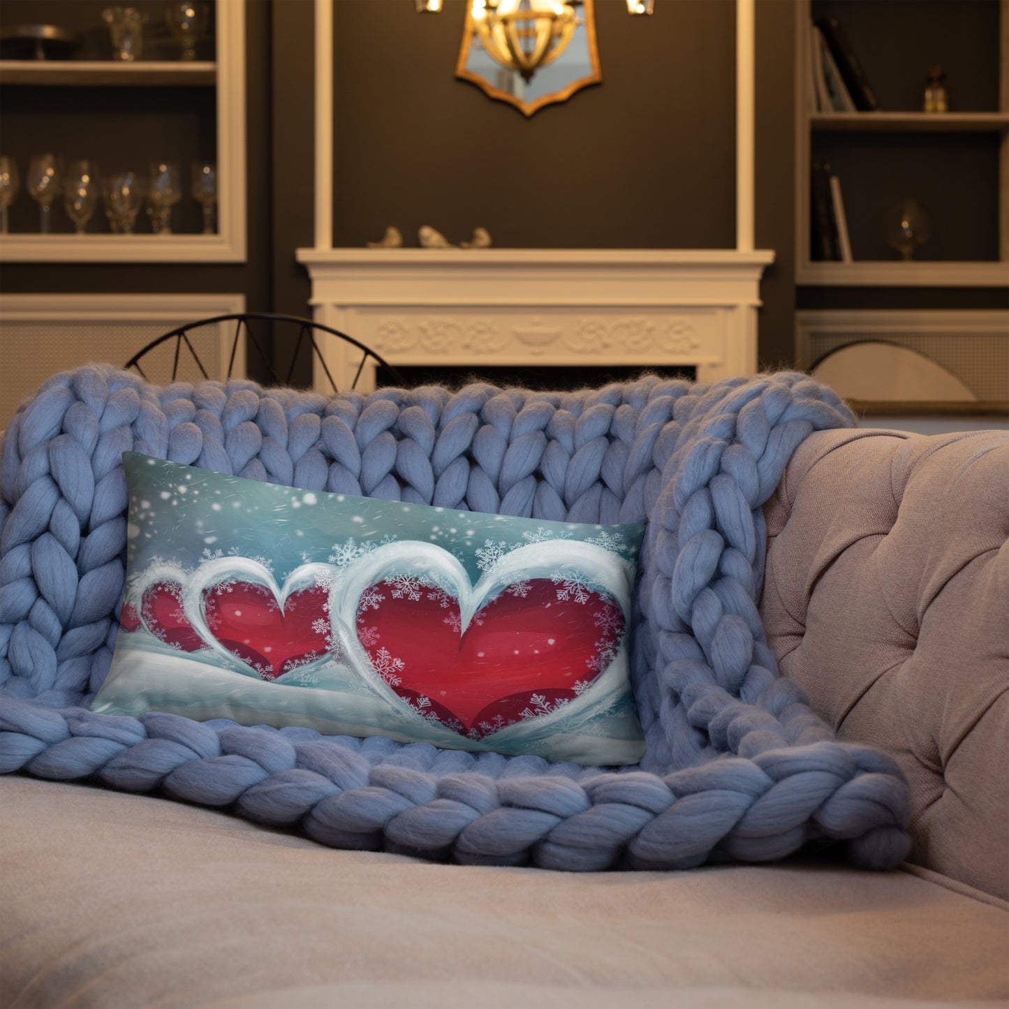 Winter Hearts Pillow - Decorative Christmas Throw Pillow