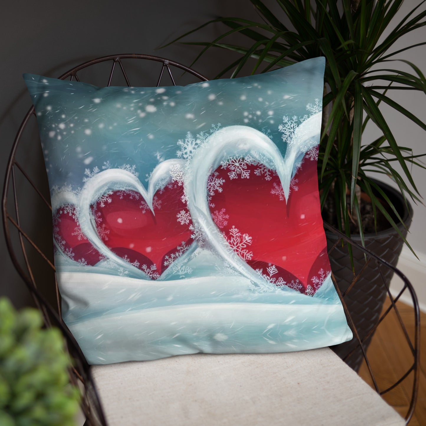 Winter Hearts Pillow - Decorative Christmas Throw Pillow