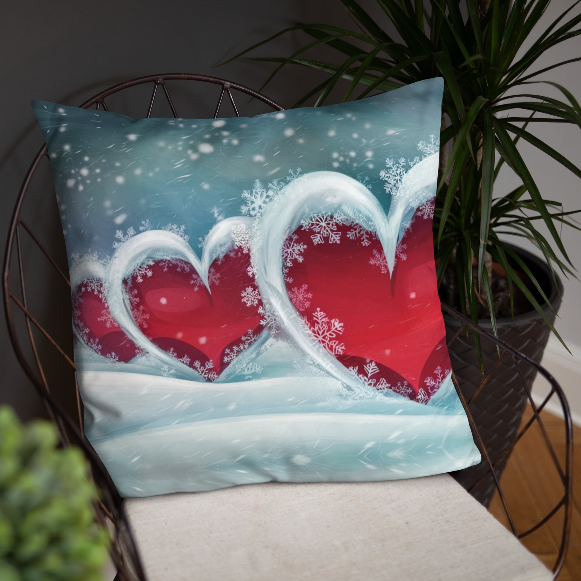 Winter Hearts Pillow - Decorative Christmas Throw Pillow