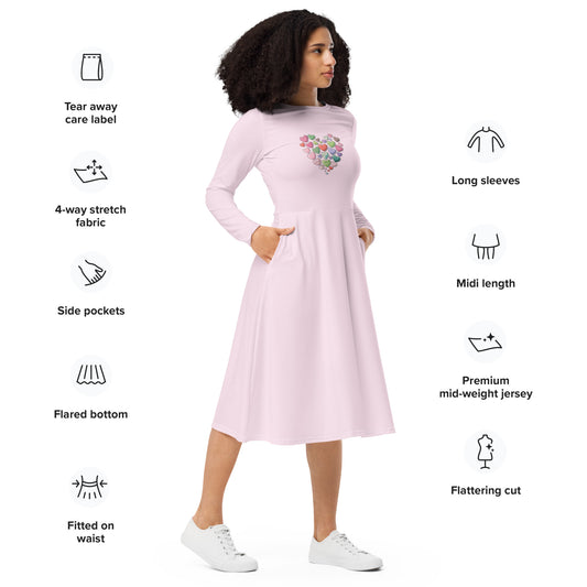 Hearts Long Sleeve Midi Dress - Romantic Women's Dress