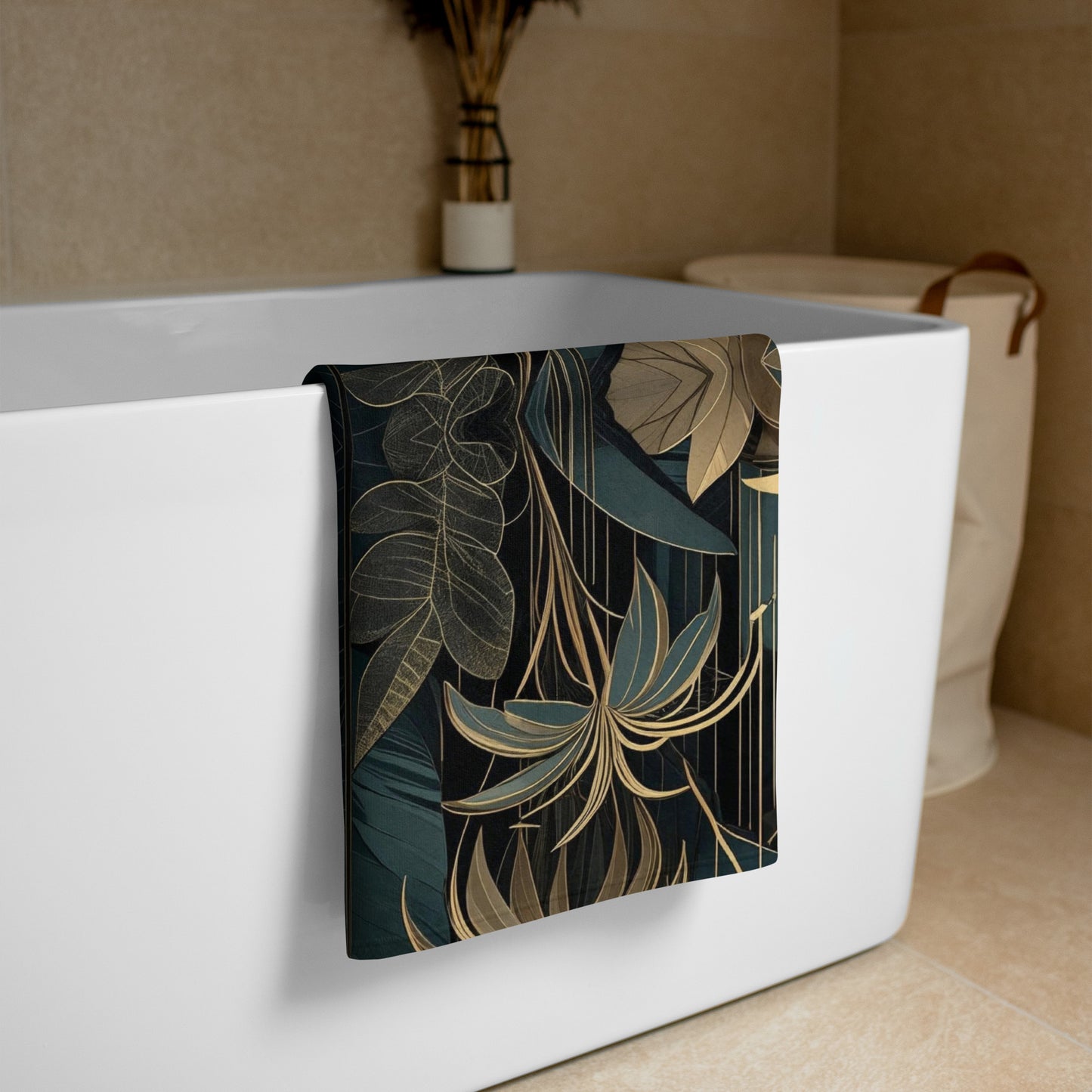 merald and gold art deco beach towel on modern bathroom