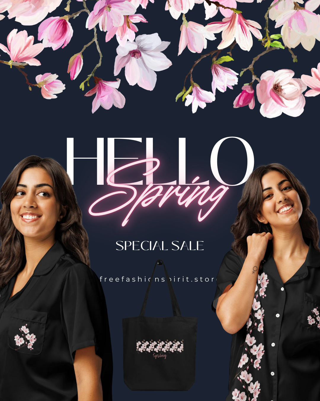 All-over print women’s short sleeve pajama top Cherry Blossom