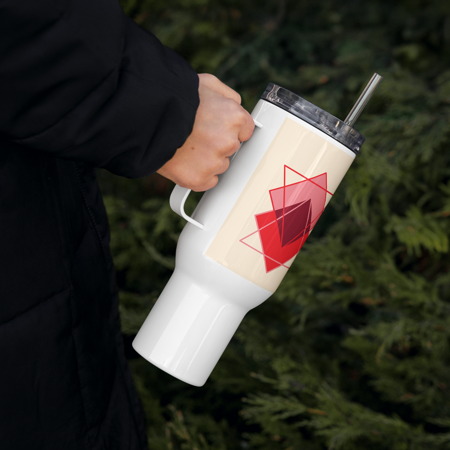 Travel Mug with Handle Red Squares - Geometric Coffee Cup