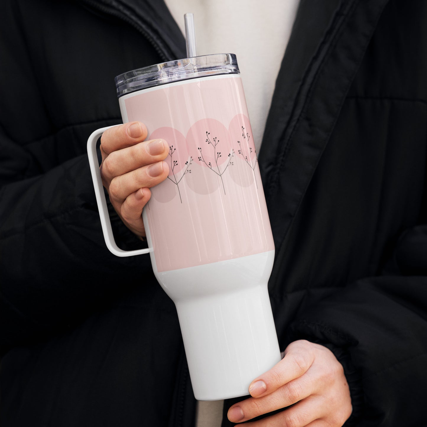 Pink Travel Mug with Handle - Portable Coffee Cup