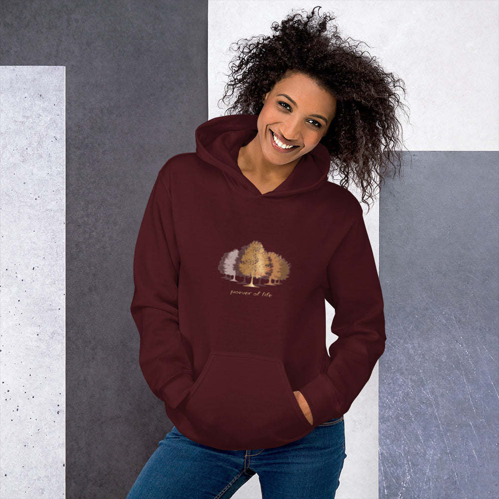 red hoodie with trees