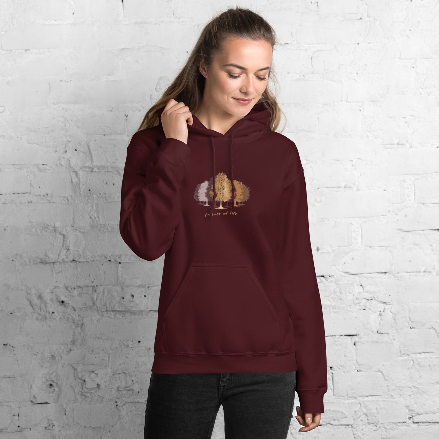 red hoodie with trees