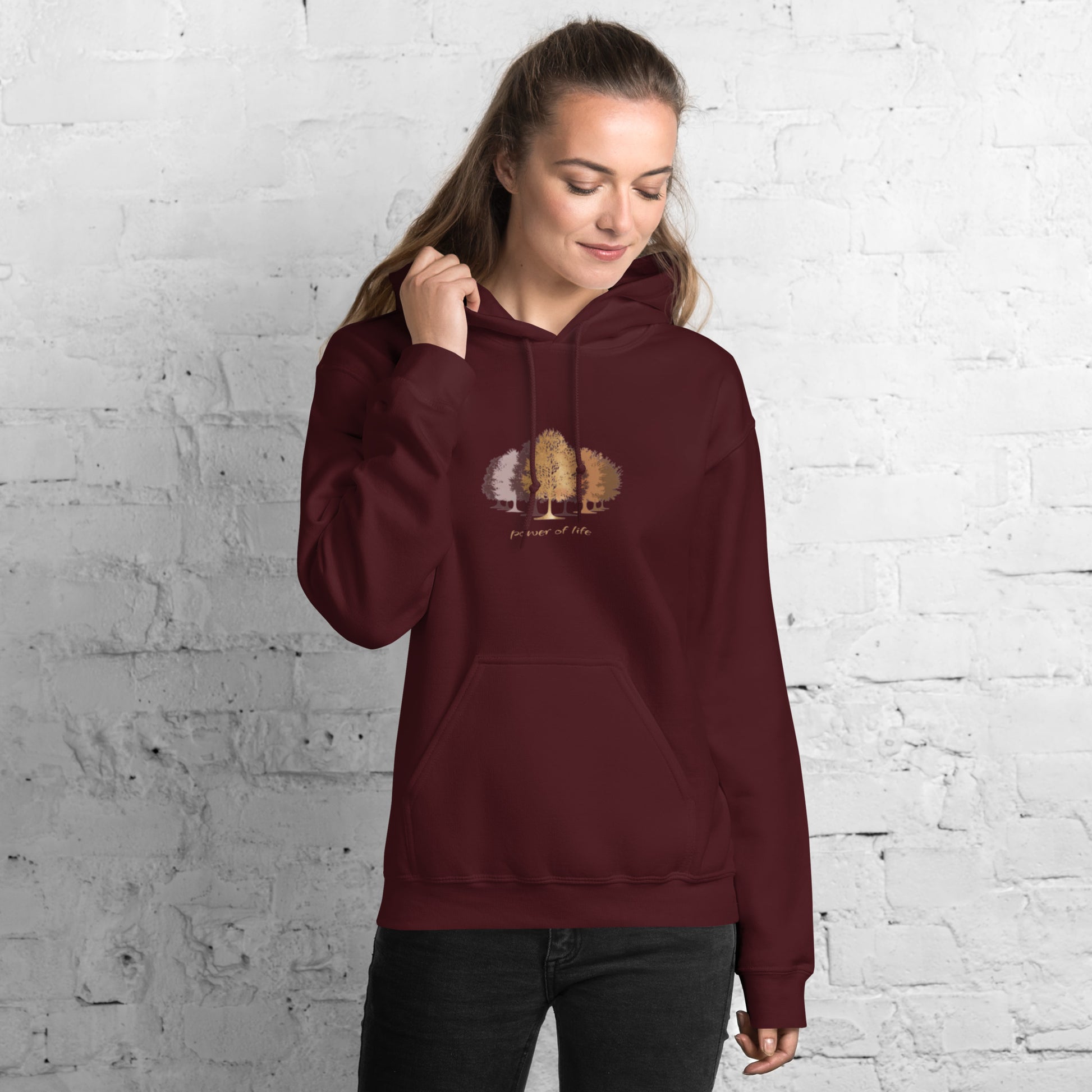 red hoodie with trees