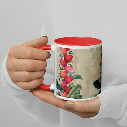 White ceramic mug with red hearts pattern, red colored inside and handle, 11 oz"