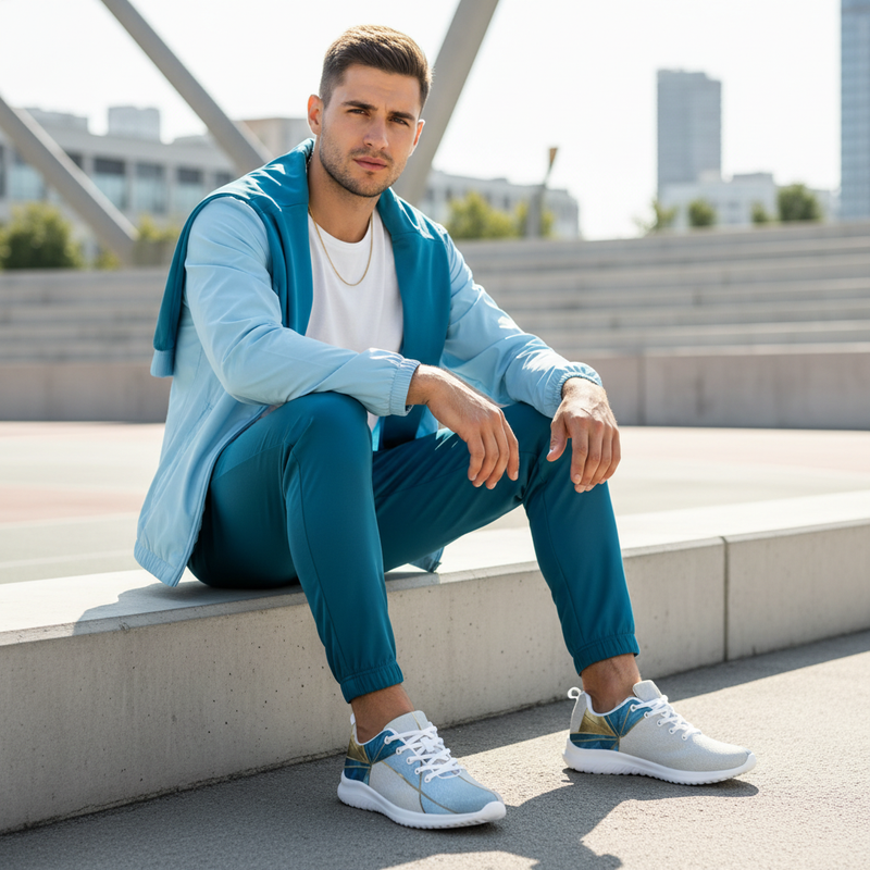 Athletic man on ledge in teal track pants white tee and light blue windbreaker with geometric shoes