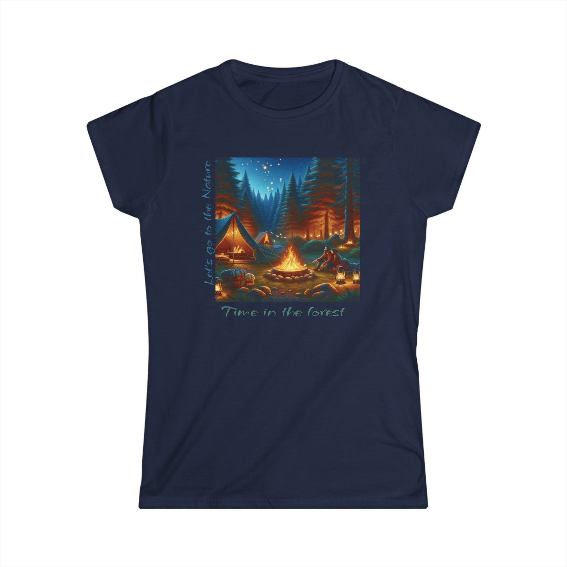  Soft women's camping tee with 'Time in the Forest' design. Perfect for outdoor lovers. Comfortable, stylish, quality fabric. Shop nature-inspired apparel!