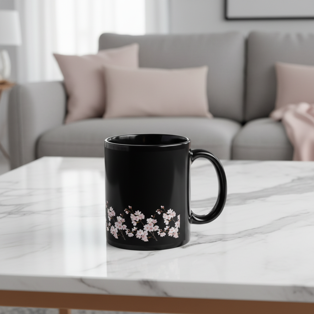 11oz black sakura mug on coffee table