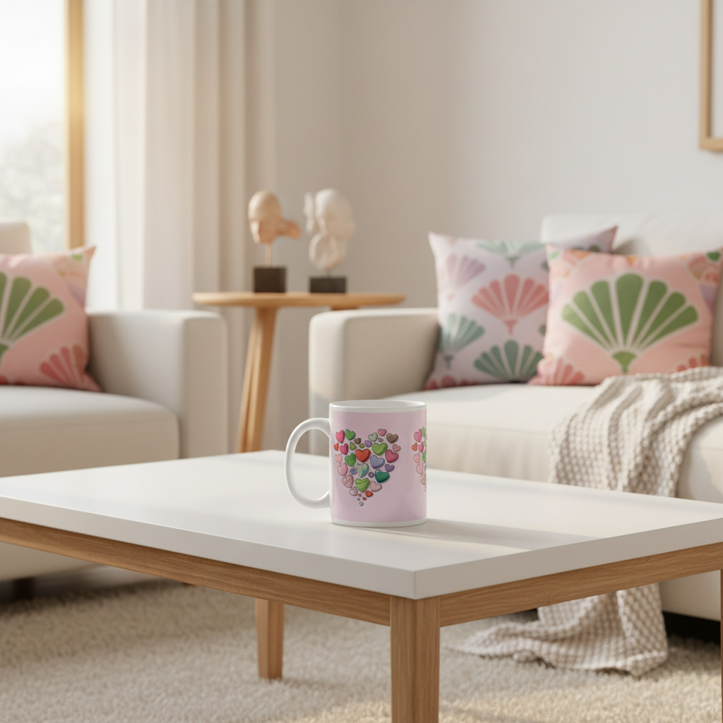 11oz hearts mug close-up in living room