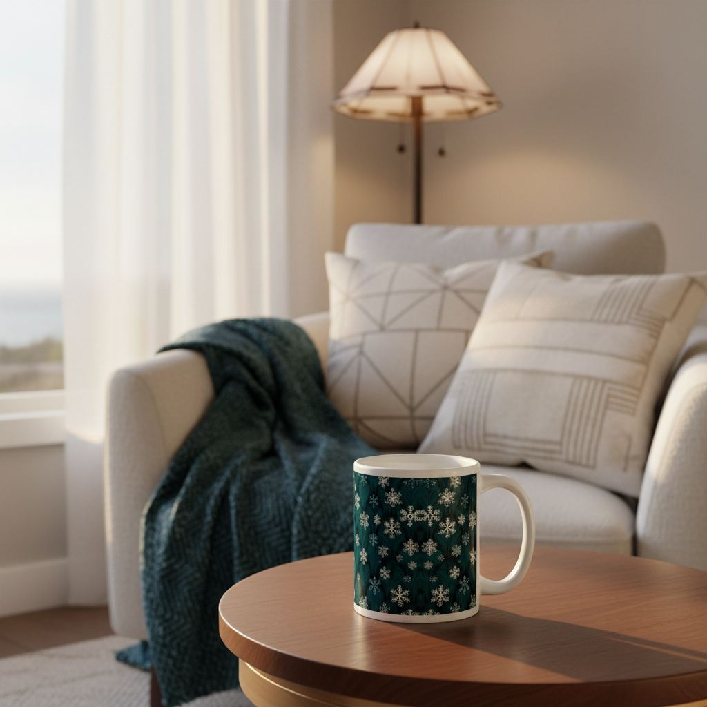 11oz snowflake mug in reading nook