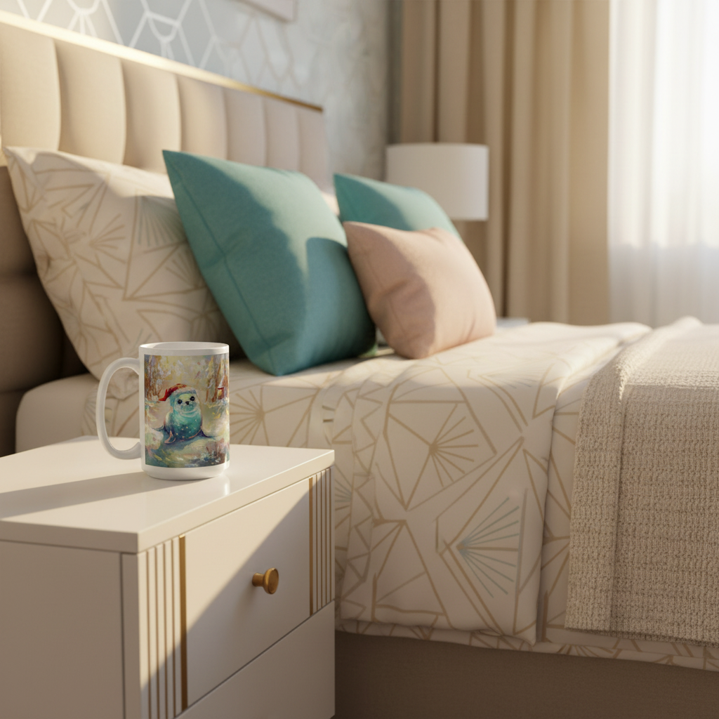 15oz Christmas seal mug close-up in bedroom