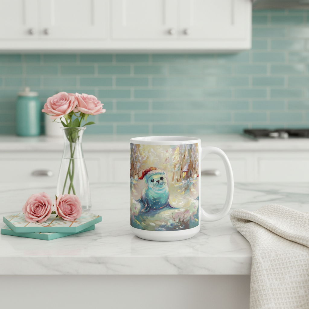 15oz Christmas seal mug in kitchen