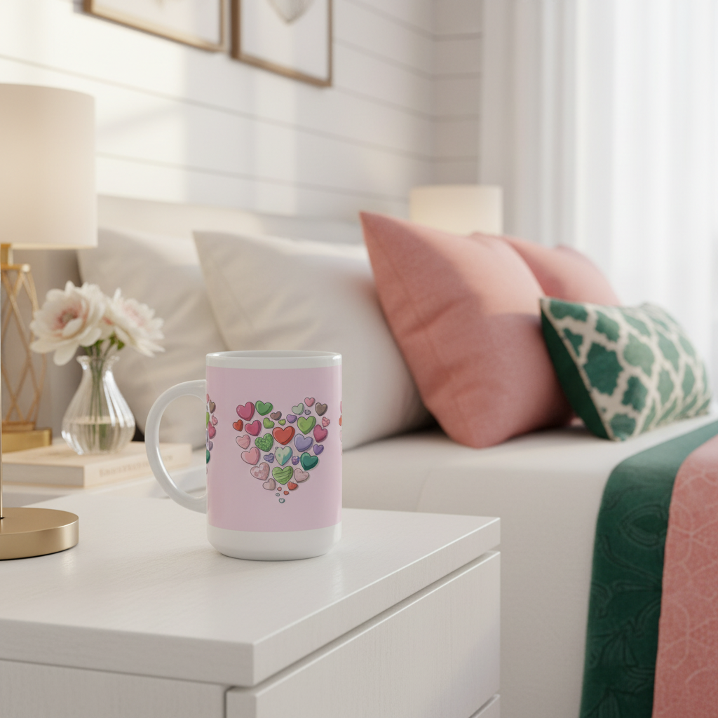 15oz hearts mug close-up in bedroom