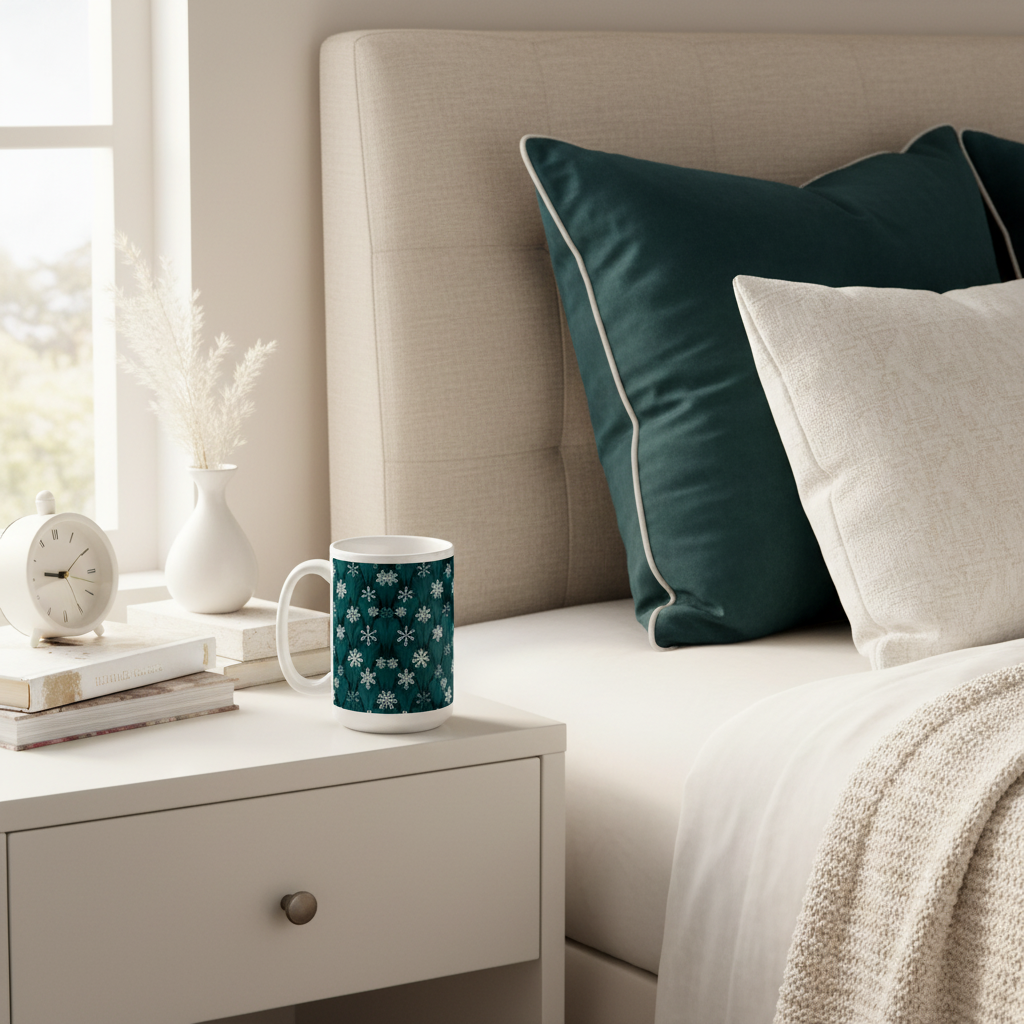 15oz snowflake mug close-up in bedroom