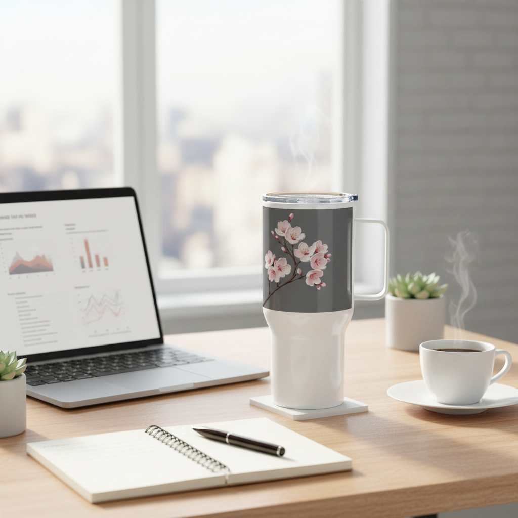 25oz cherry blossom mug on office desk