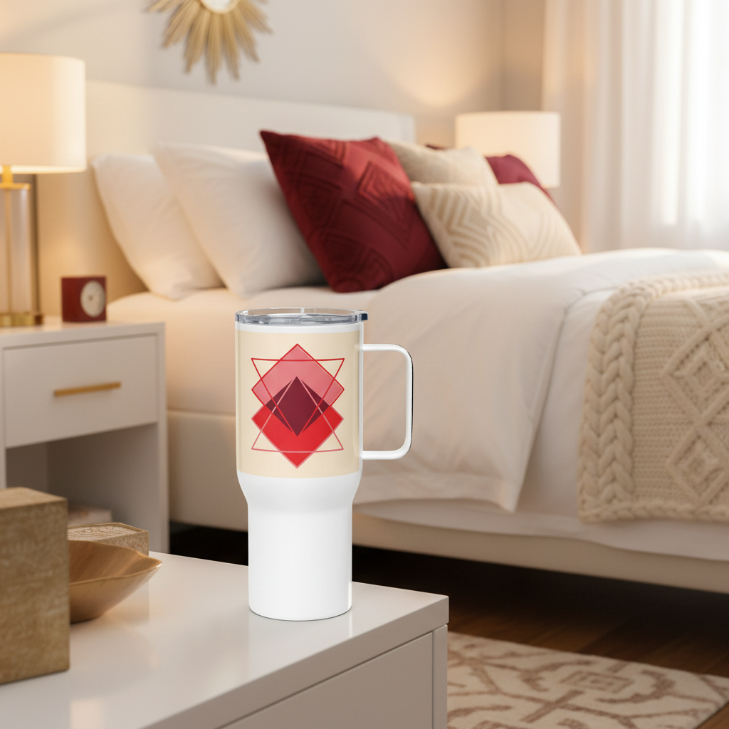 25oz red geometric mug close-up in bedroom