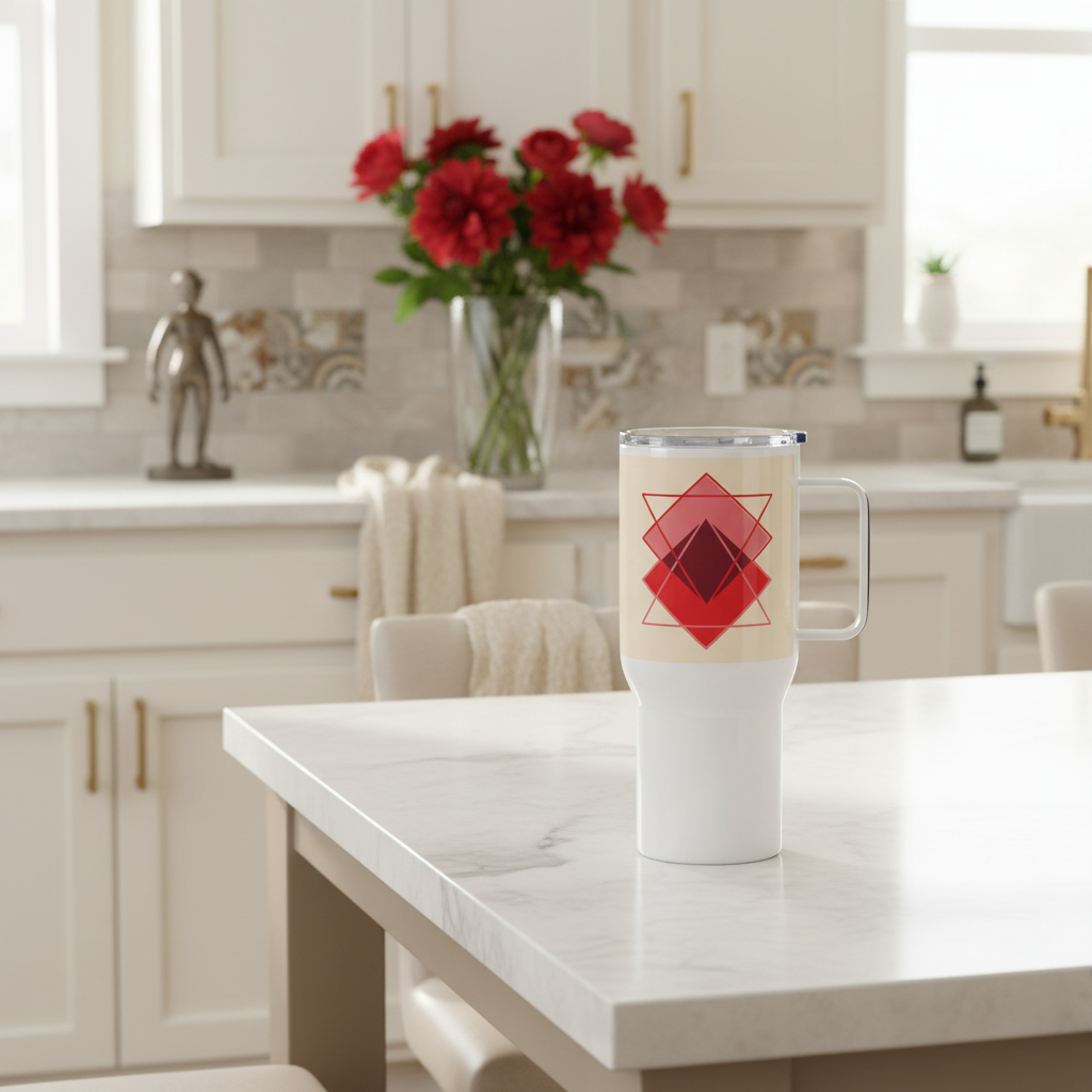 25oz red geometric mug in kitchen