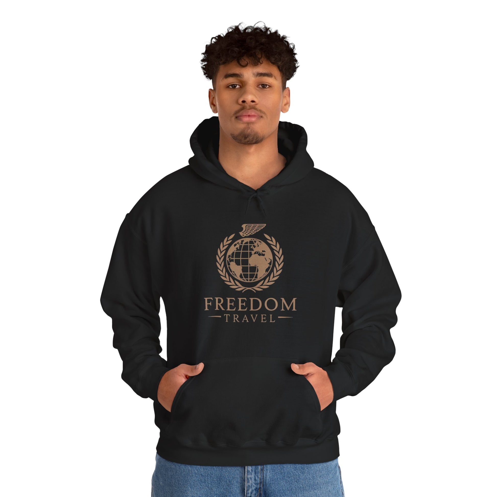Close-up of Freedom Travel hoodie design