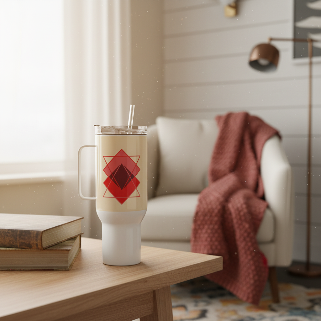 40oz red geometric mug in reading nook