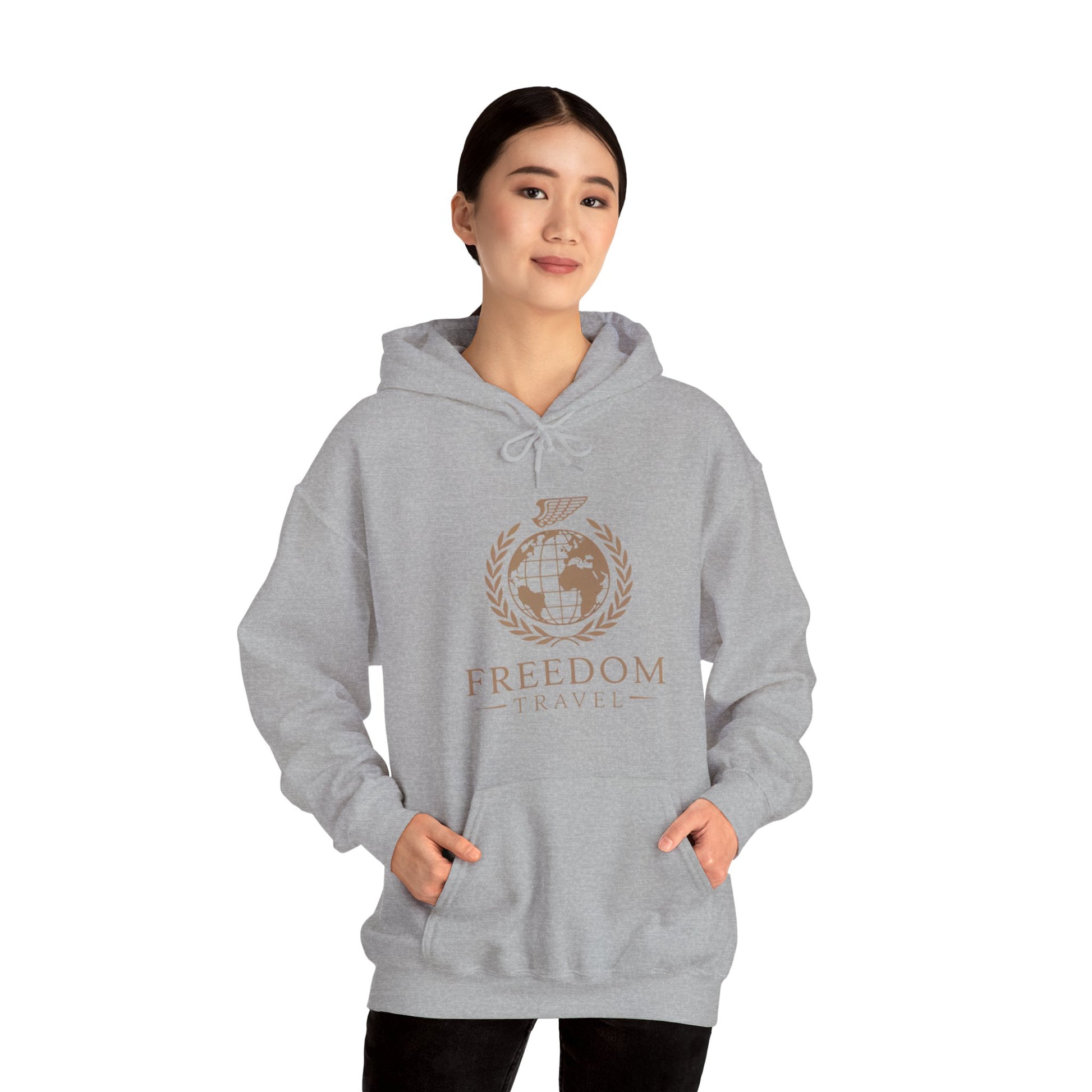 Close-up of Freedom Travel hoodie design