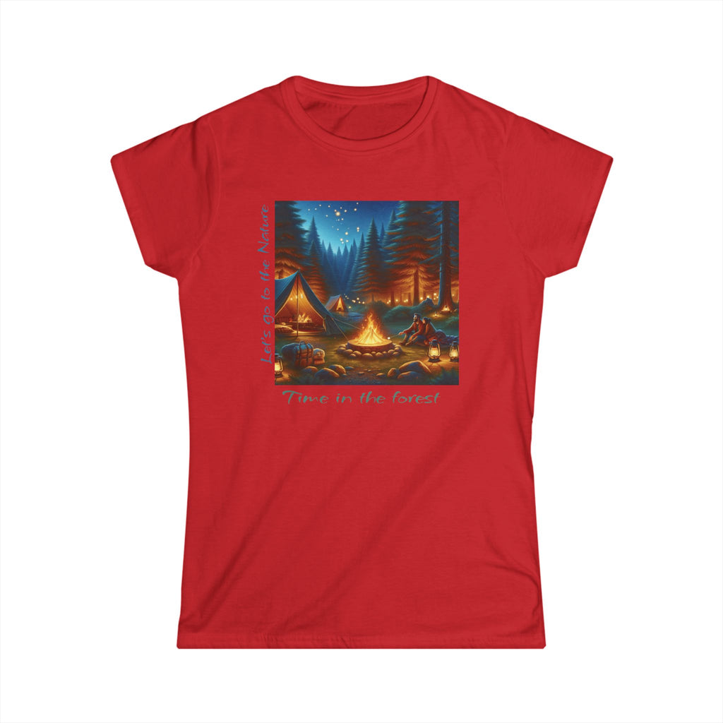  Soft women's camping tee with 'Time in the Forest' design. Perfect for outdoor lovers. Comfortable, stylish, quality fabric. Shop nature-inspired apparel!