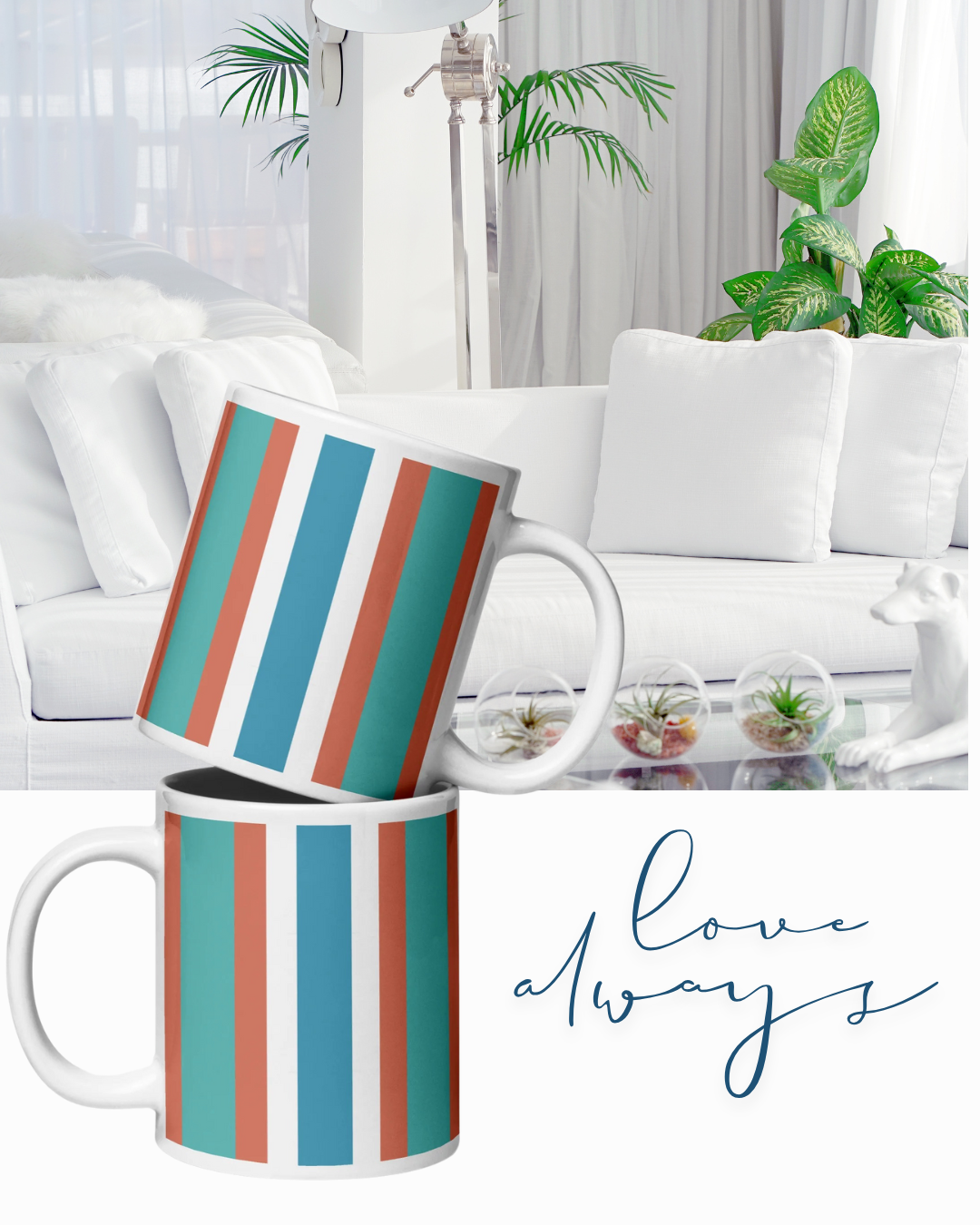 Bold Stripes Glossy Mug with turquoise, orange and blue vertical stripes - vibrant ceramic coffee cup for coastal home décor and joyful mornings