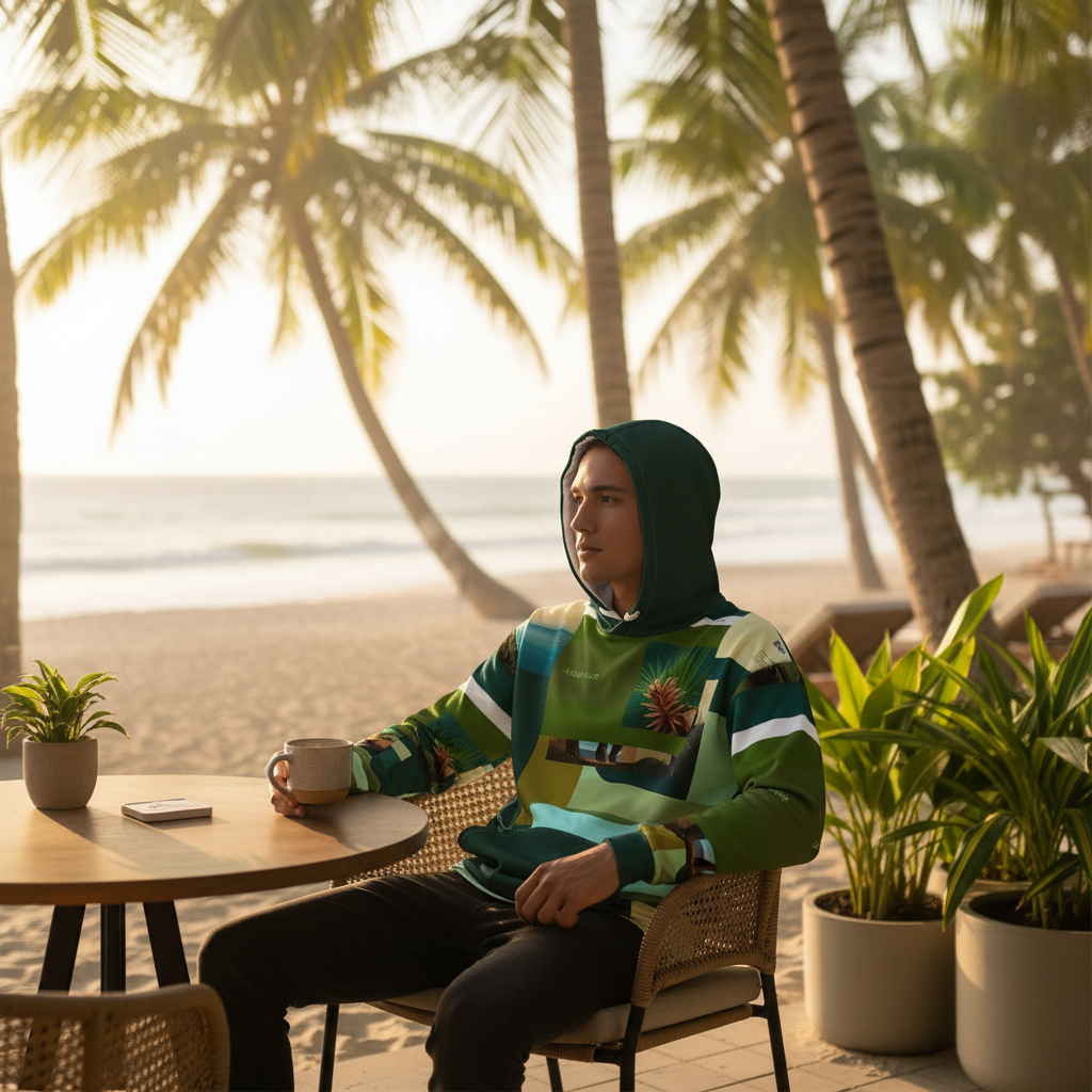 Exotic jungle print hoodie in coastal café setting - sustainable fashion for nature enthusiasts