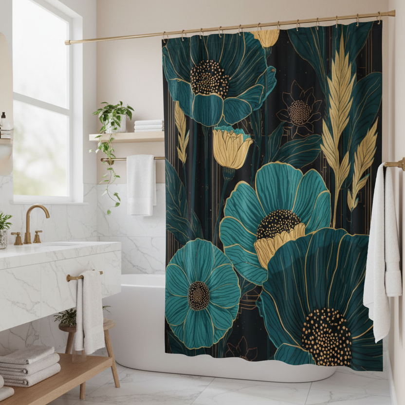 Bathroom with teal poppies shower curtain 