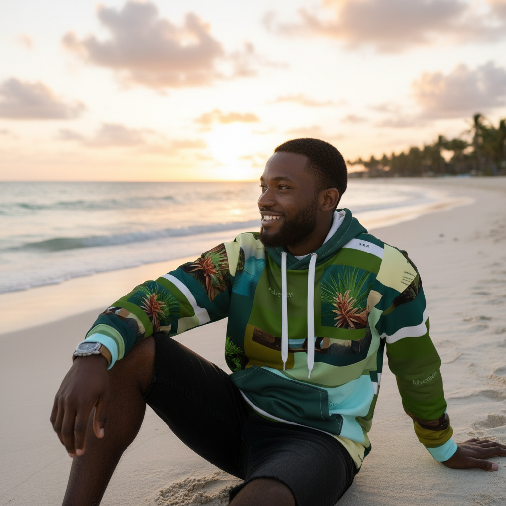 Tropical rainforest inspired hoodie at golden hour beach - perfect gift for adventurers and wild souls