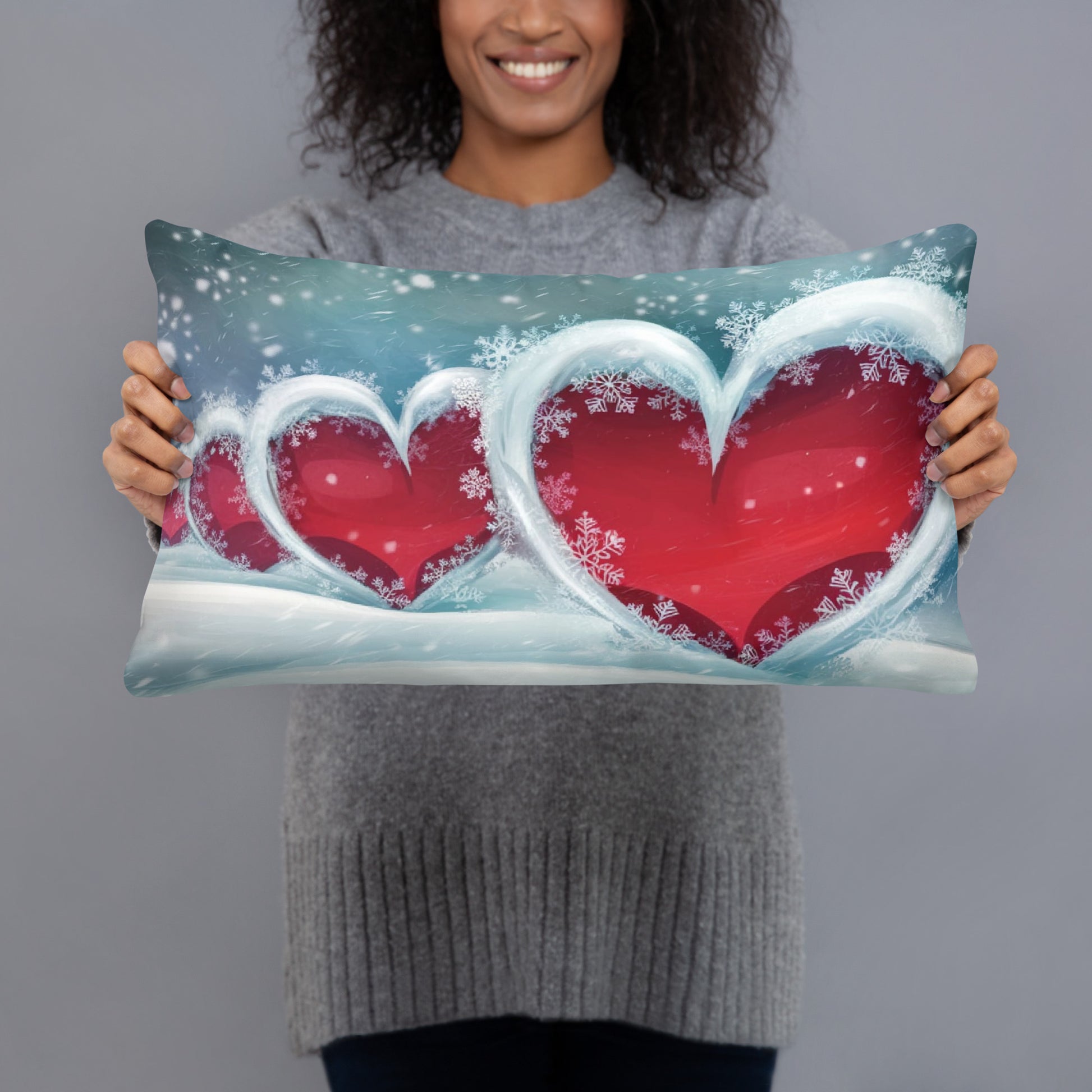 Winter Hearts Pillow - Decorative Christmas Throw Pillow