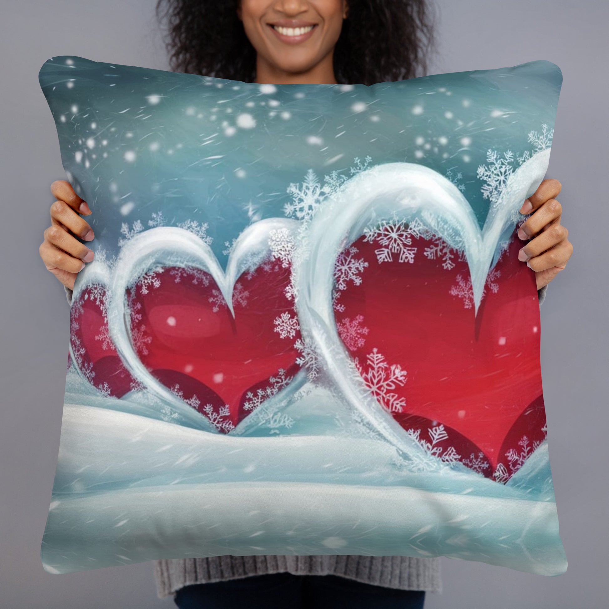 Winter Hearts Pillow - Decorative Christmas Throw Pillow