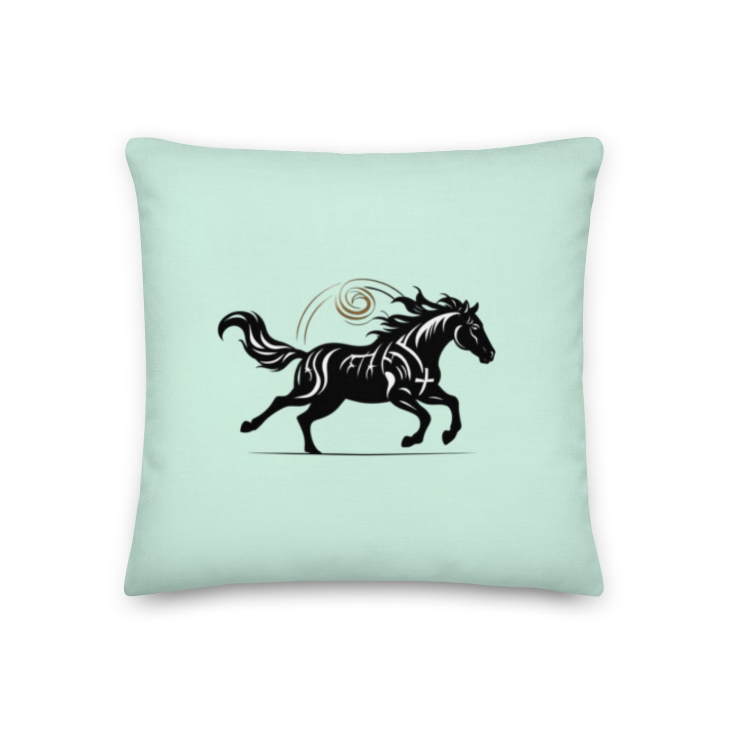 Multiple Wild Horse pillows in elegant living room corner - Premium mint green home accents with black horse silhouette