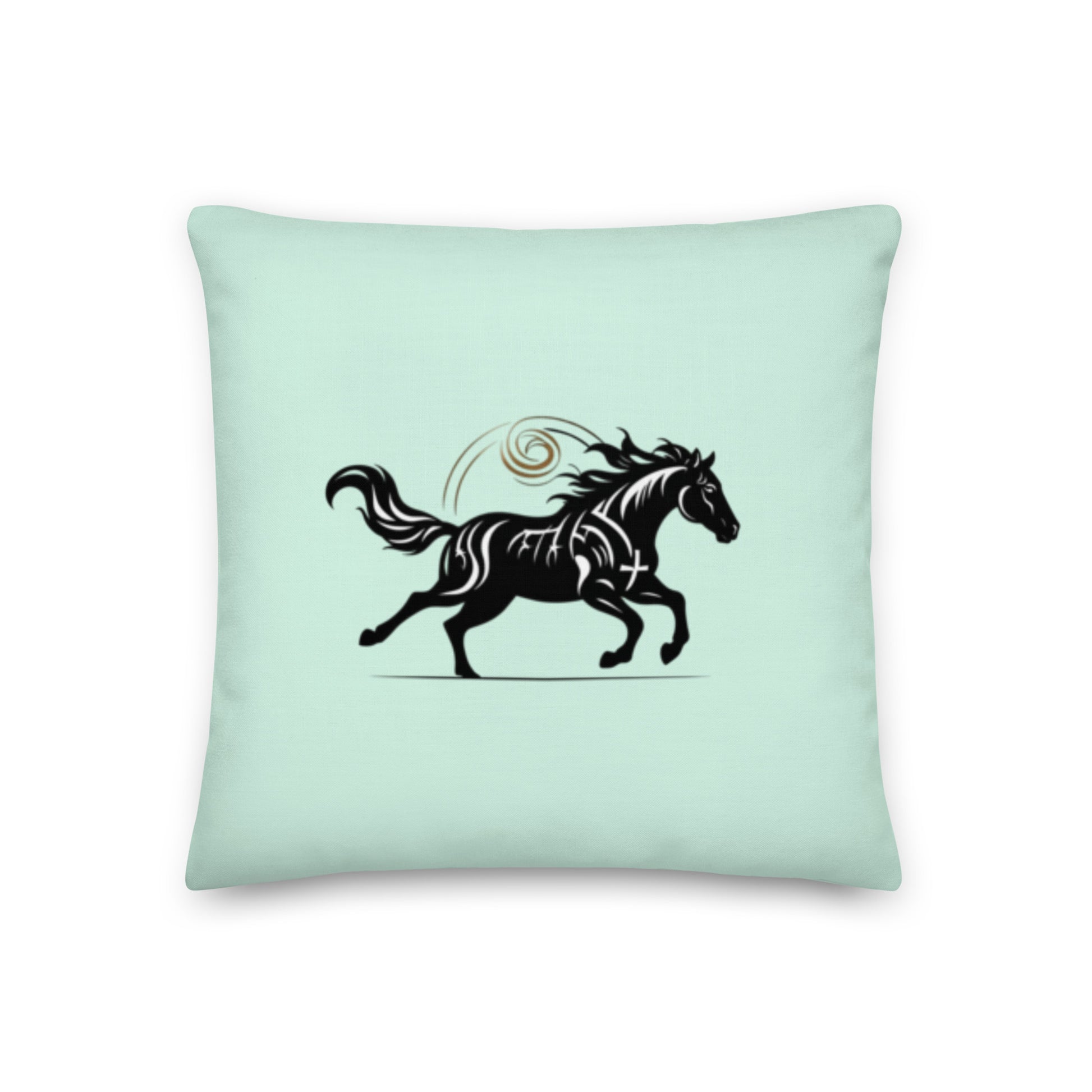 Multiple Wild Horse pillows in elegant living room corner - Premium mint green home accents with black horse silhouette